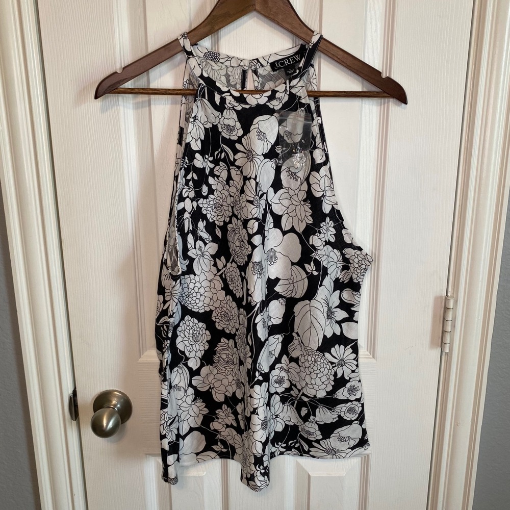 J.Crew Women Black White Floral 100% Linen Halter Neck Tank Top Large